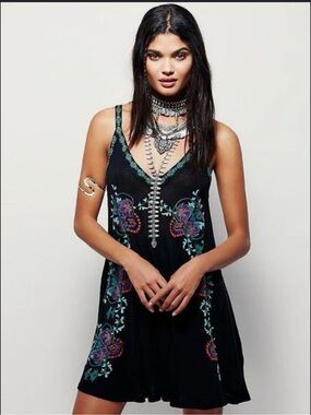 Free People Black Embroidered Floral High Low Dress